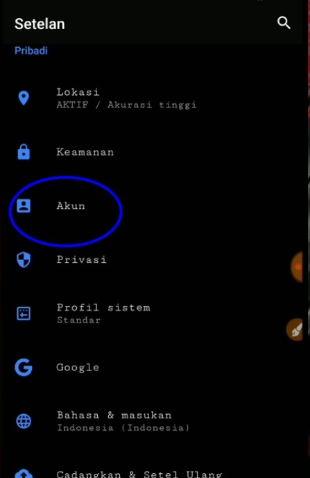 pengaturan/setelan -> akun -> google